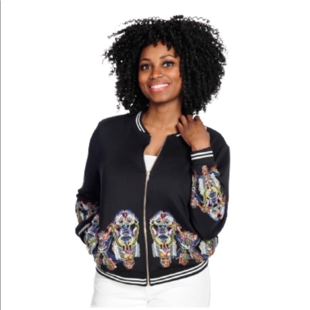 Mod X embellished embroidered boho style bomber full zip jacket black size XL